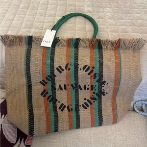 Clare V Tan and Green Striped Tote